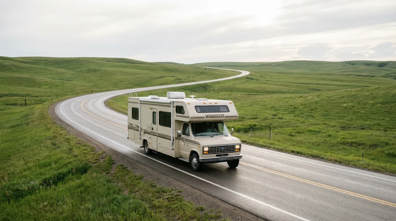 A Class C motorhome driving on a scenic highway through vast rolling green hills.