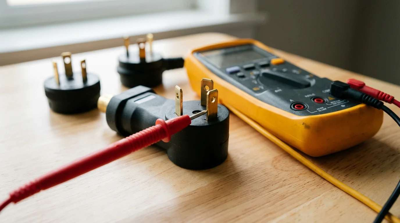 A close-up macro photo of a multimeter probe and various RV electrical adapters.