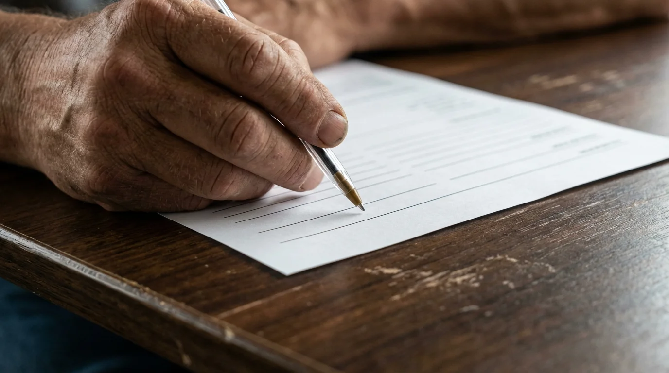 A close-up macro photo of a senior's hand holding a pen over a blank form.