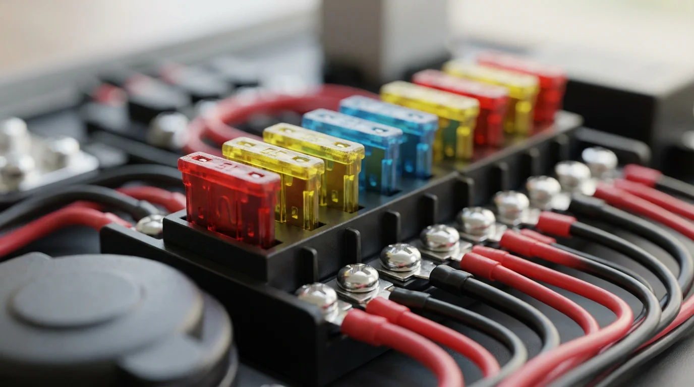 A close-up macro photo of an RV 12-volt DC fuse panel with wires.