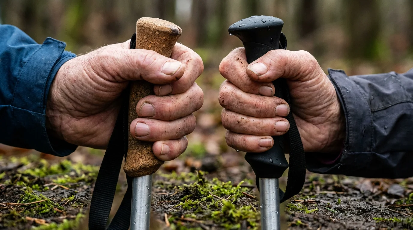 A close-up macro photo of two seniors' hands firmly holding trekking poles on a trail.