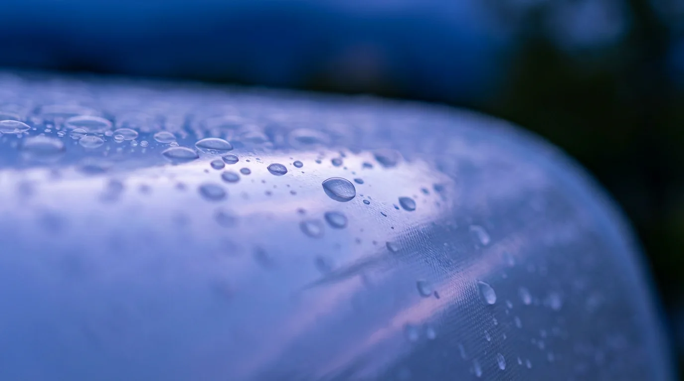 A close-up macro photo of water beading on a clean, waxed RV exterior siding.
