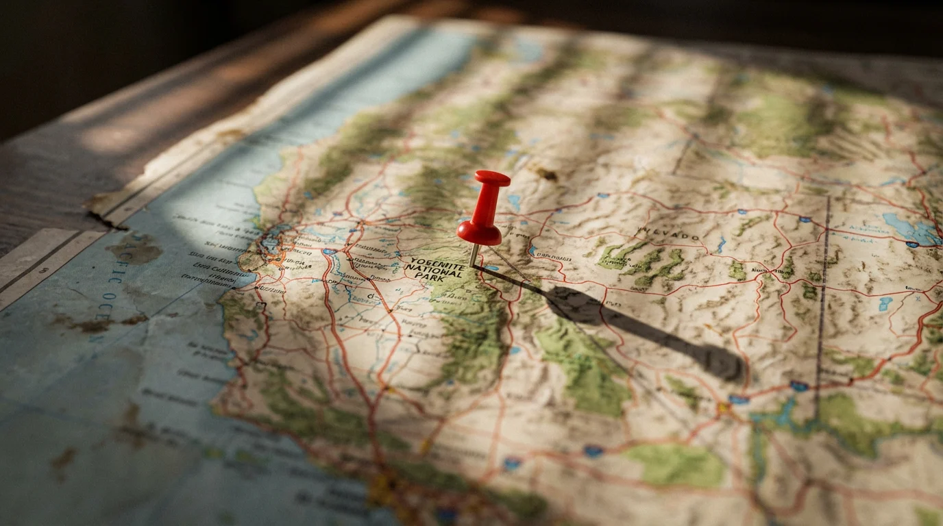 A close-up macro photograph of a red pin on a paper map, with dramatic shadows.