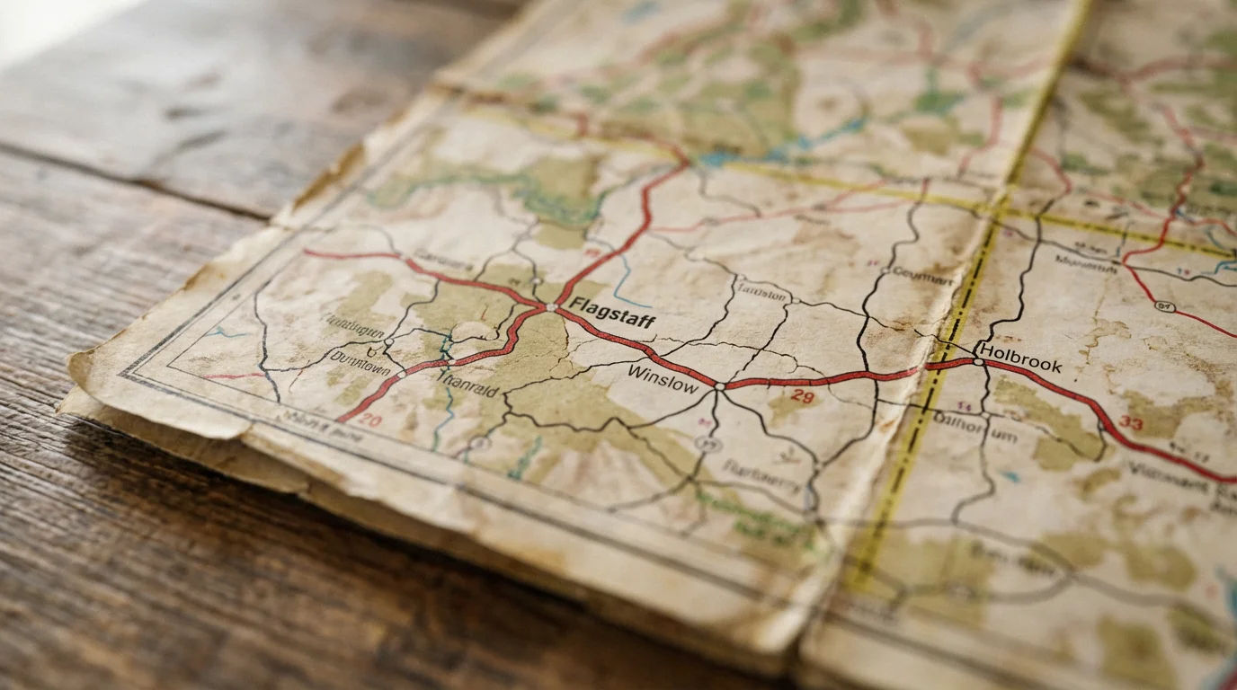 A close-up macro photograph of a vintage road map showing the path of Route 66.