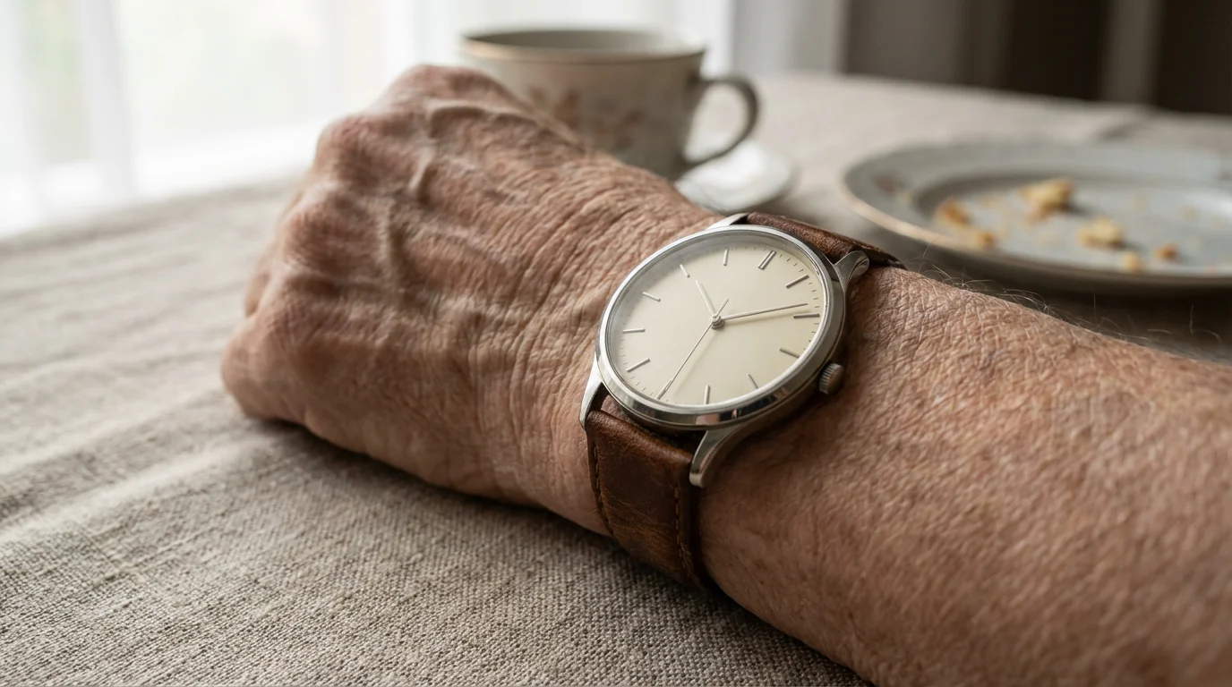 A close-up macro photograph of an elegant analog watch on an older person's wrist.