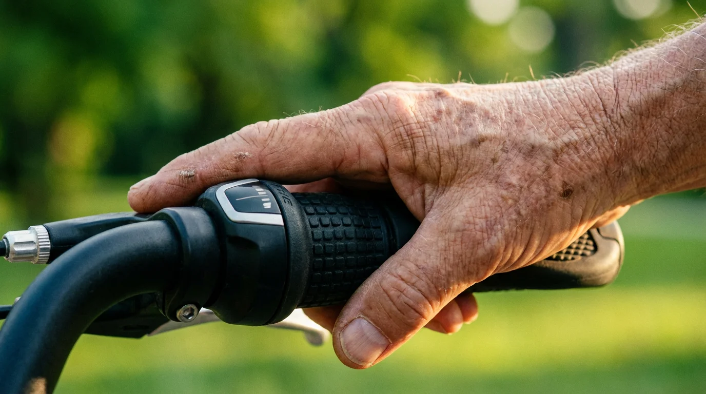 A close-up macro photograph of an older person's hand on a bicycle's gear shifter.