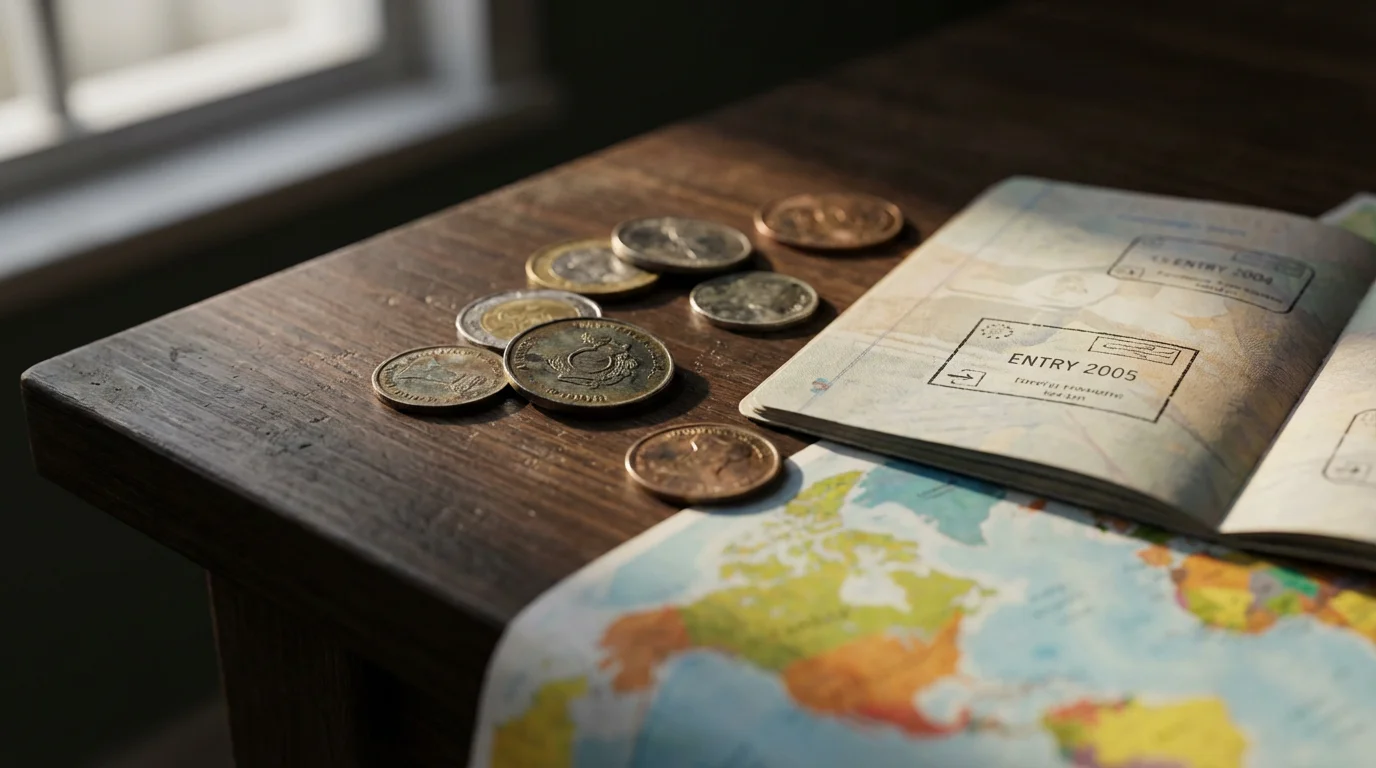 A close-up macro photograph of foreign coins and a passport stamp on a map.