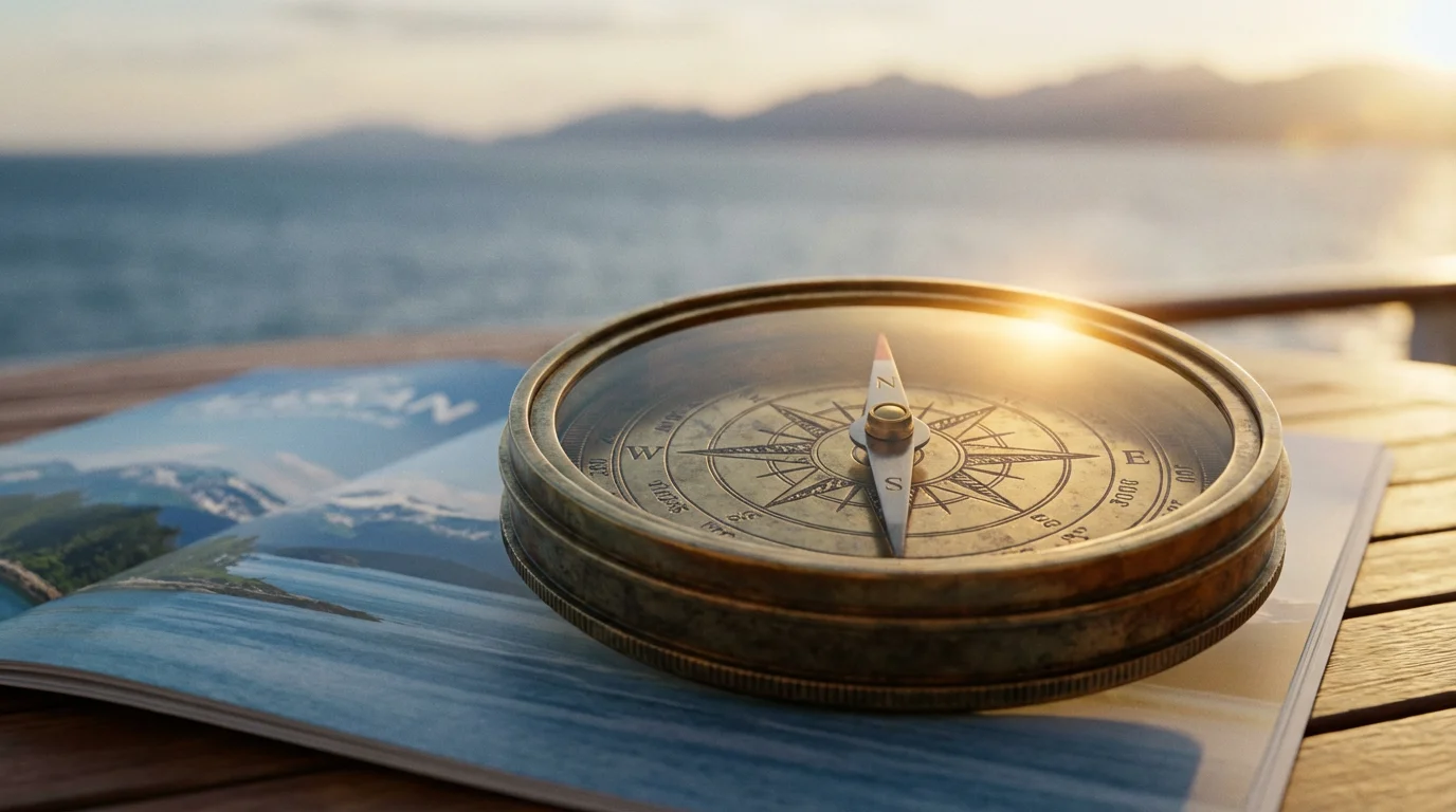 A close-up macro shot of a brass compass on a cruise brochure at sunset.