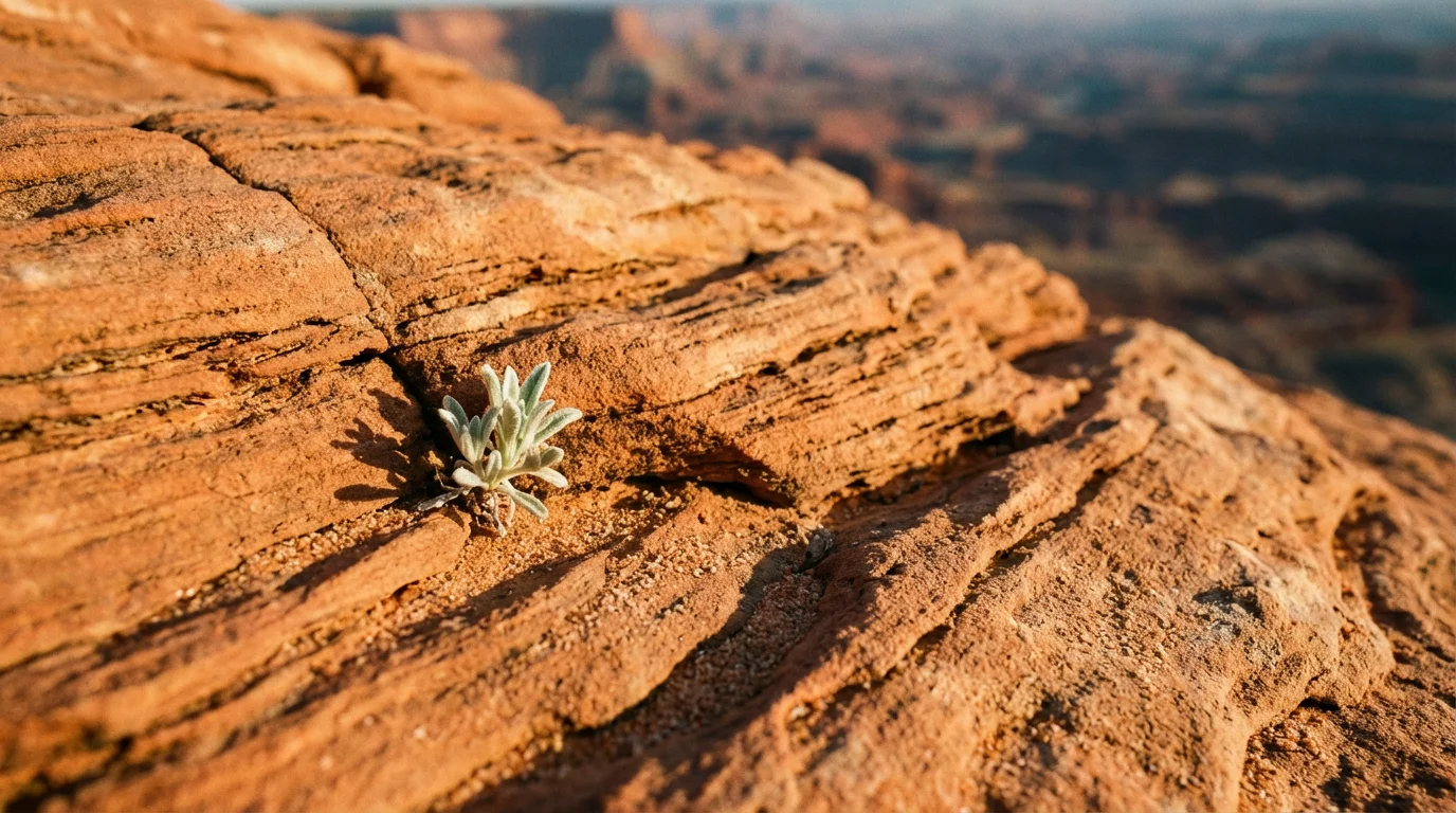 A close-up macro shot of weathered red sandstone texture during a warm sunset.