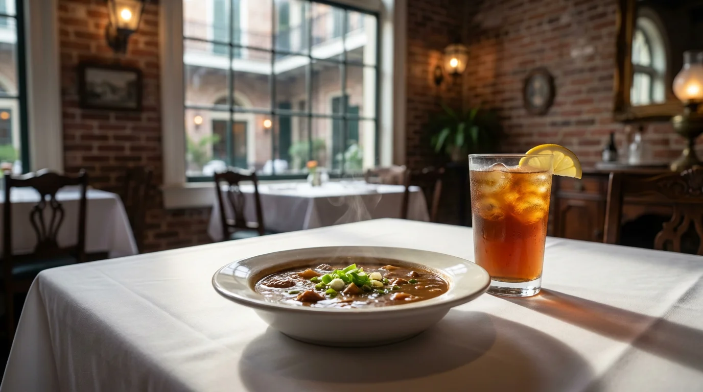 A close-up of a bowl of gumbo on a table in an elegant New Orleans restaurant.