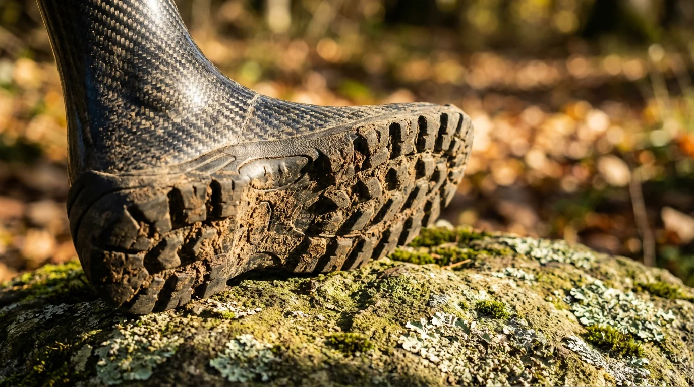 A close-up of a rugged prosthetic hiking foot resting on a mossy forest rock.