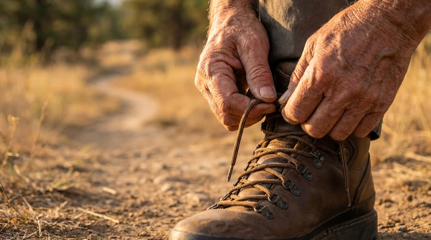 A close-up of a senior person's hands carefully tying the laces of a hiking boot.
