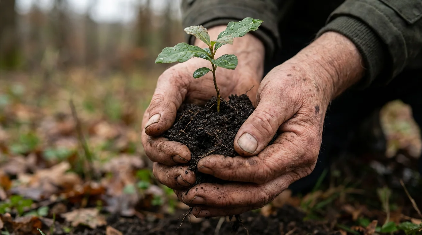 A close-up of a senior volunteer's weathered hands gently holding a small tree seedling.