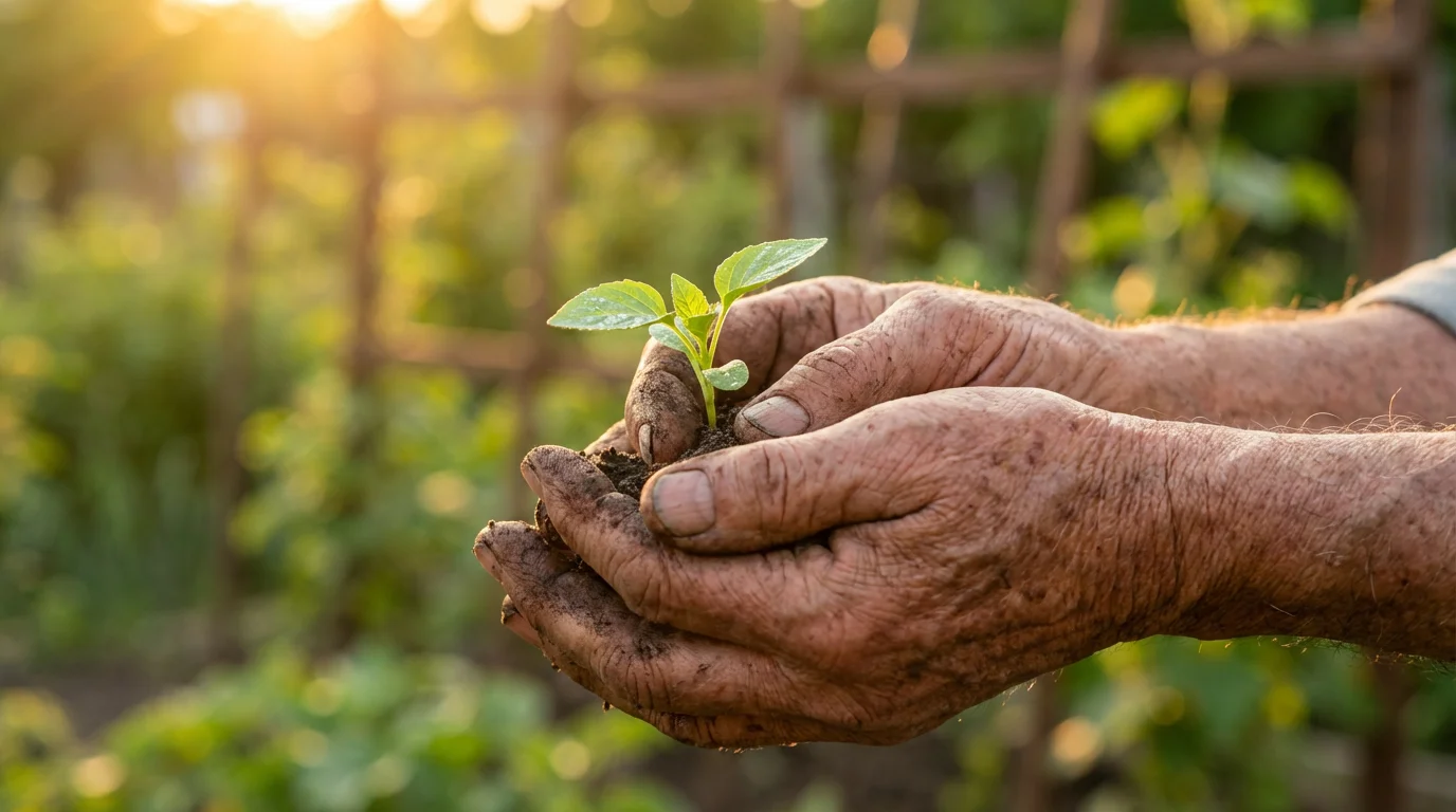 A close-up of a senior's experienced hands carefully holding a small green plant seedling.