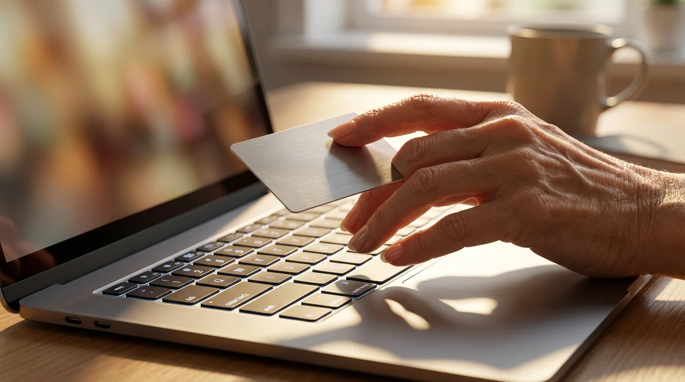 A close-up of a senior's hand holding a credit card over a laptop keyboard.