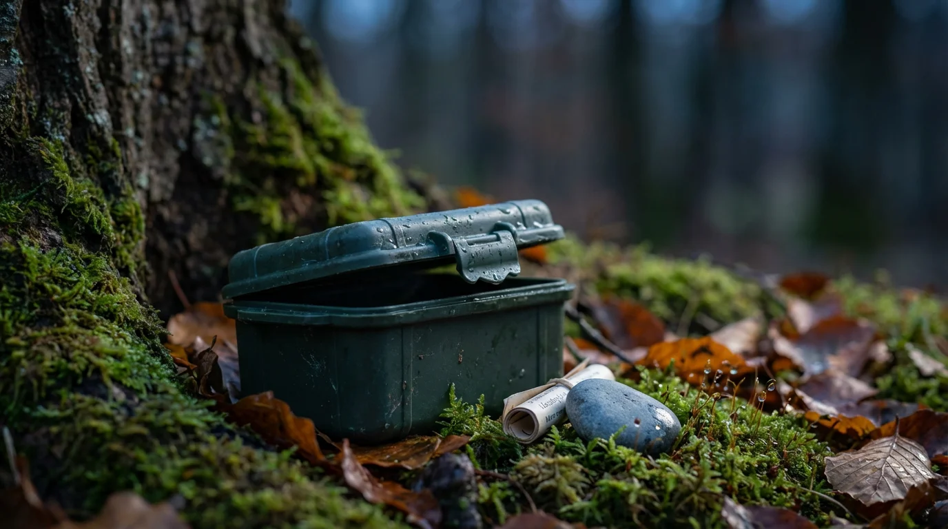 A close-up of a small geocache container with a logbook hidden in moss.