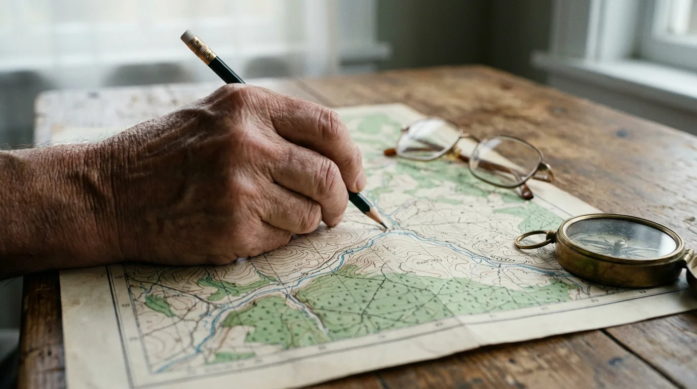 A close-up of an older person's hand planning a trip on a camping map.