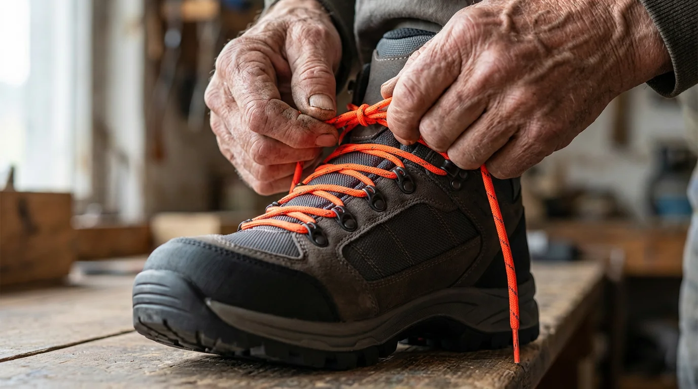 A close-up photograph of a senior's hands carefully lacing up a new hiking boot.