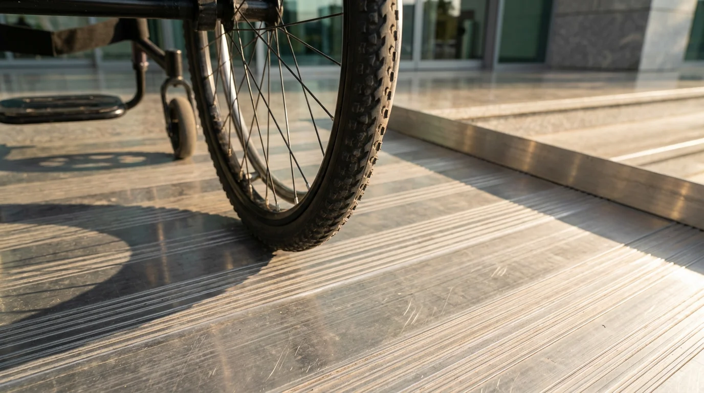 A close-up photograph of a wheelchair wheel on a metal accessibility ramp.