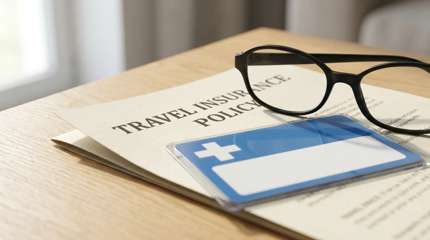 A close-up photorealistic shot of senior travel documents, like insurance and medical cards.