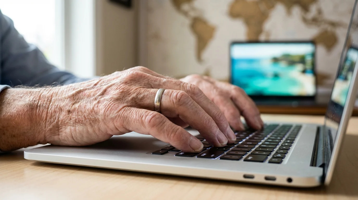 A close-up shot of a senior's hands typing on a laptop, planning travel.