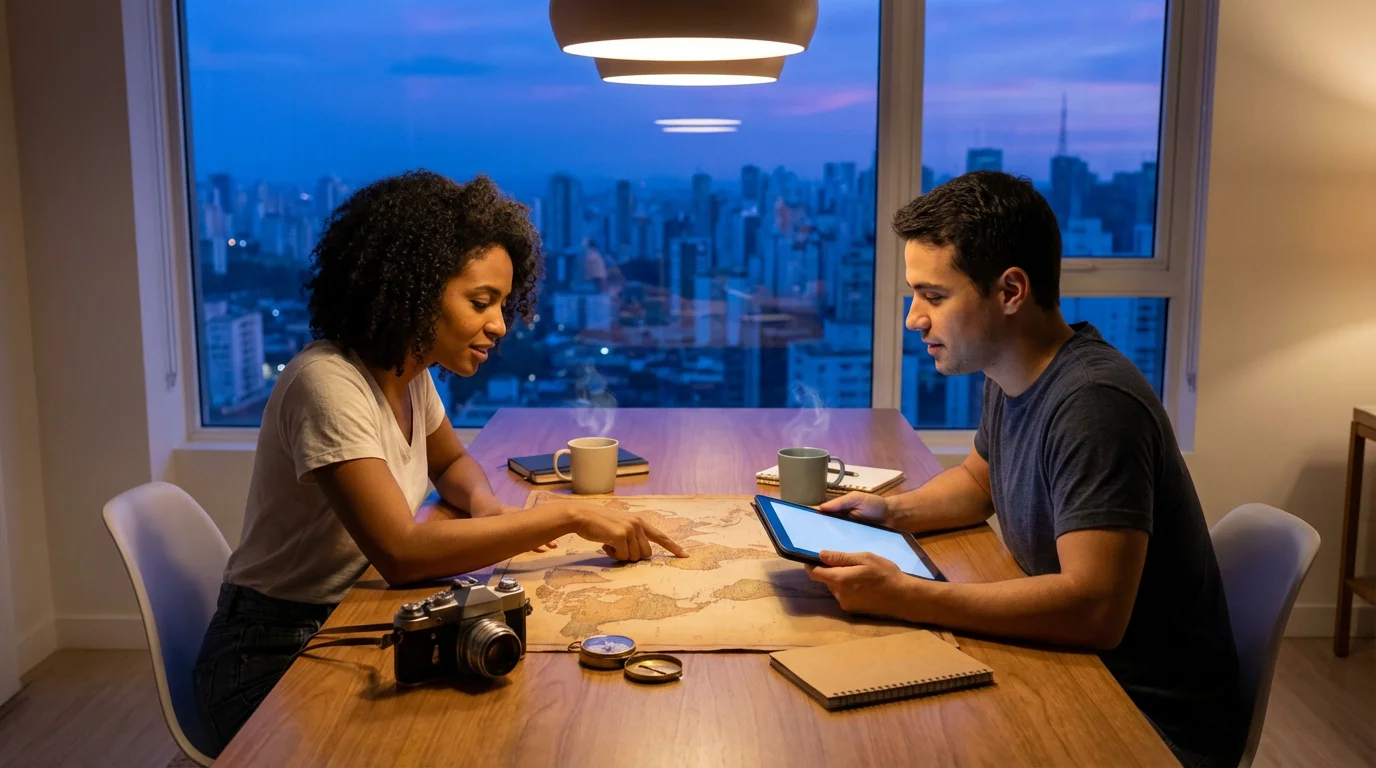 A couple at a table with a large map, planning an exotic adventure trip.