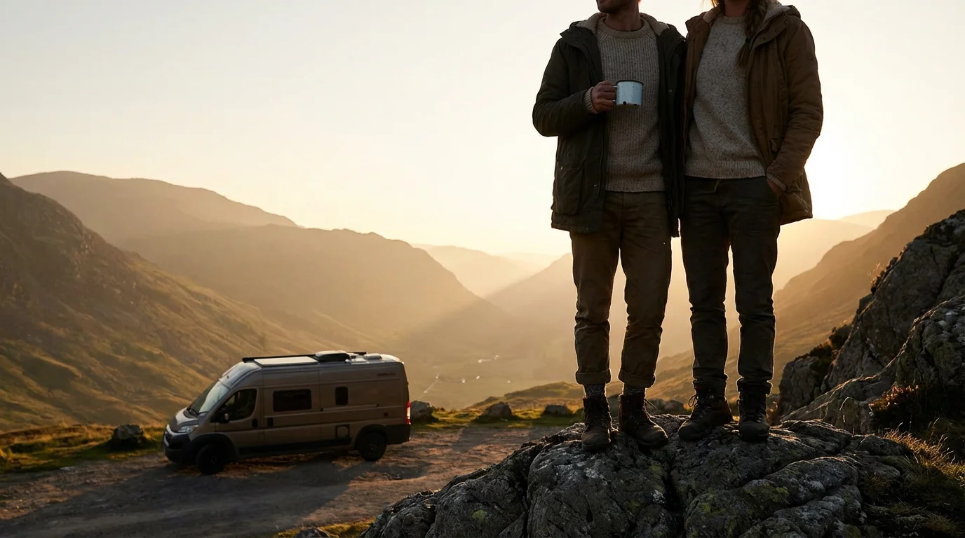 A couple watching a moody sunset over a mountain valley next to their RV.
