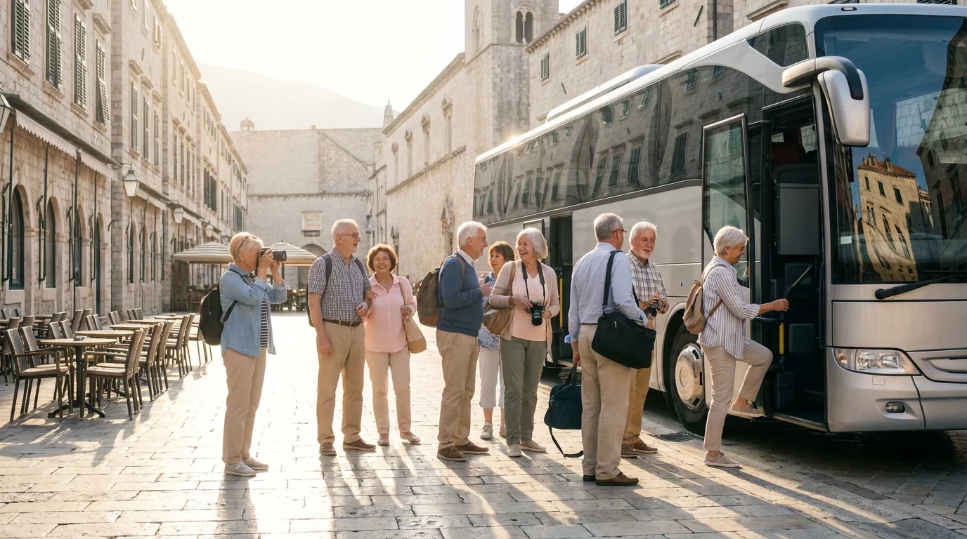 A diverse group of active seniors boarding a tour bus in a sunny European square.