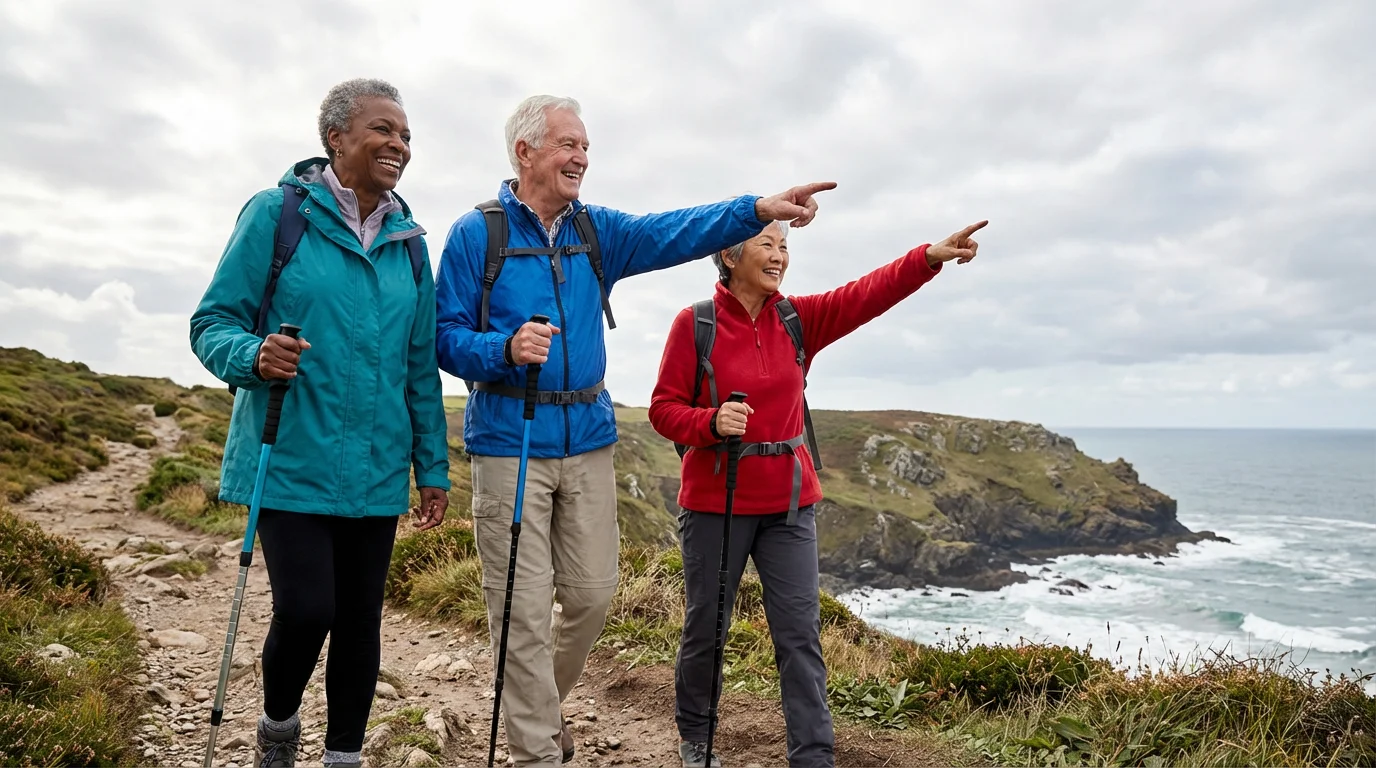 A diverse group of active seniors enjoy a scenic hike along a dramatic coastline.