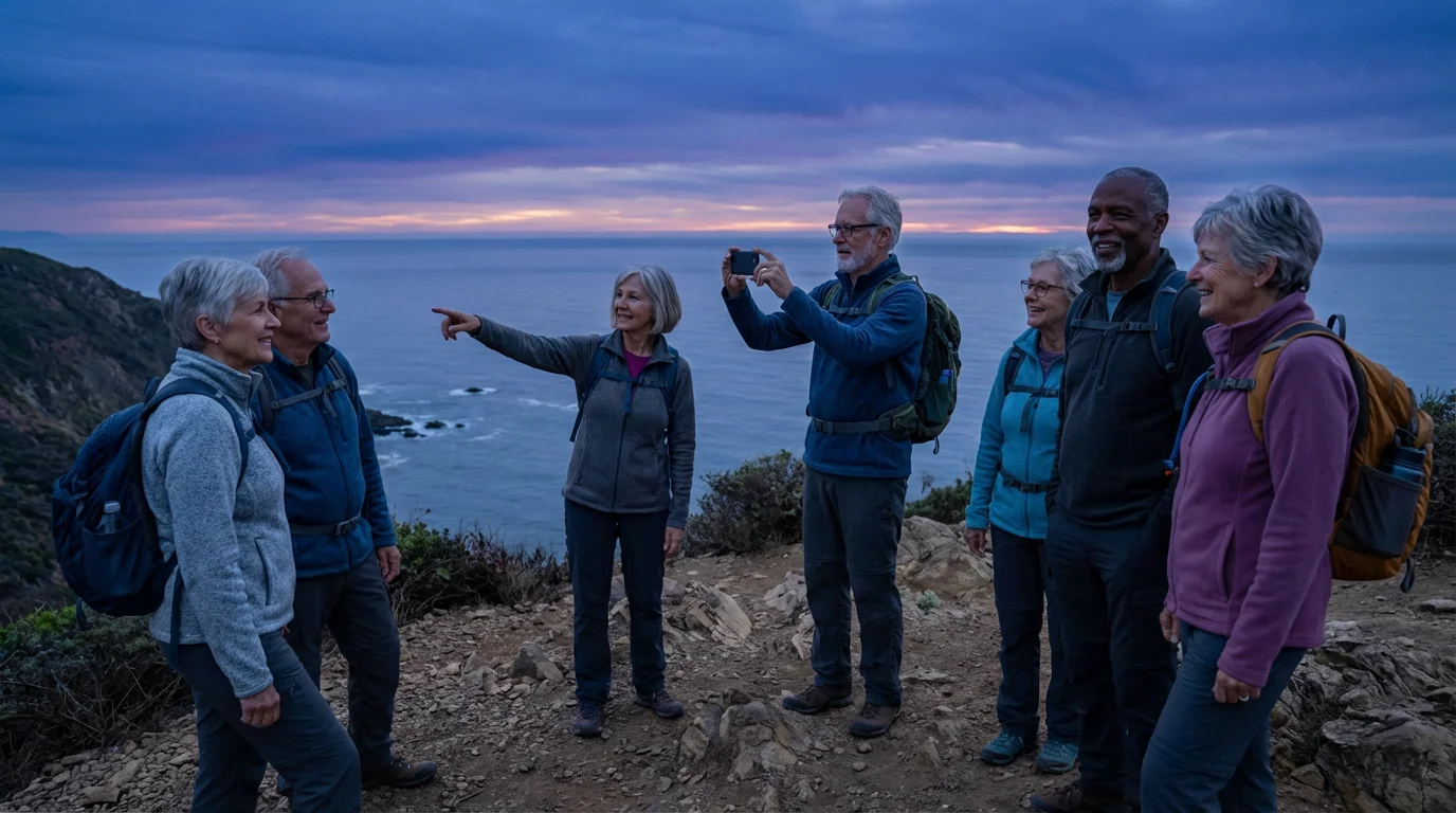 A diverse group of active seniors enjoying a coastal view during a hike at dusk.
