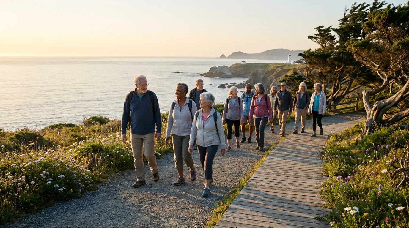 A diverse group of active seniors enjoying a scenic coastal walk in the morning.