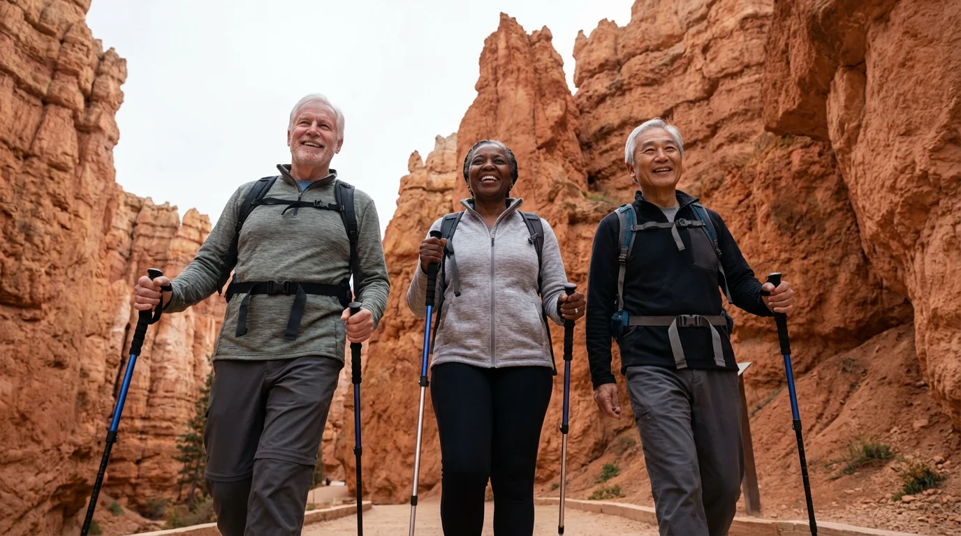 A diverse group of active seniors joyfully hiking on a trail in a grand canyon.