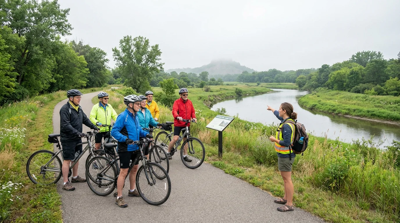 A diverse group of active seniors on a guided bicycle tour by a river.
