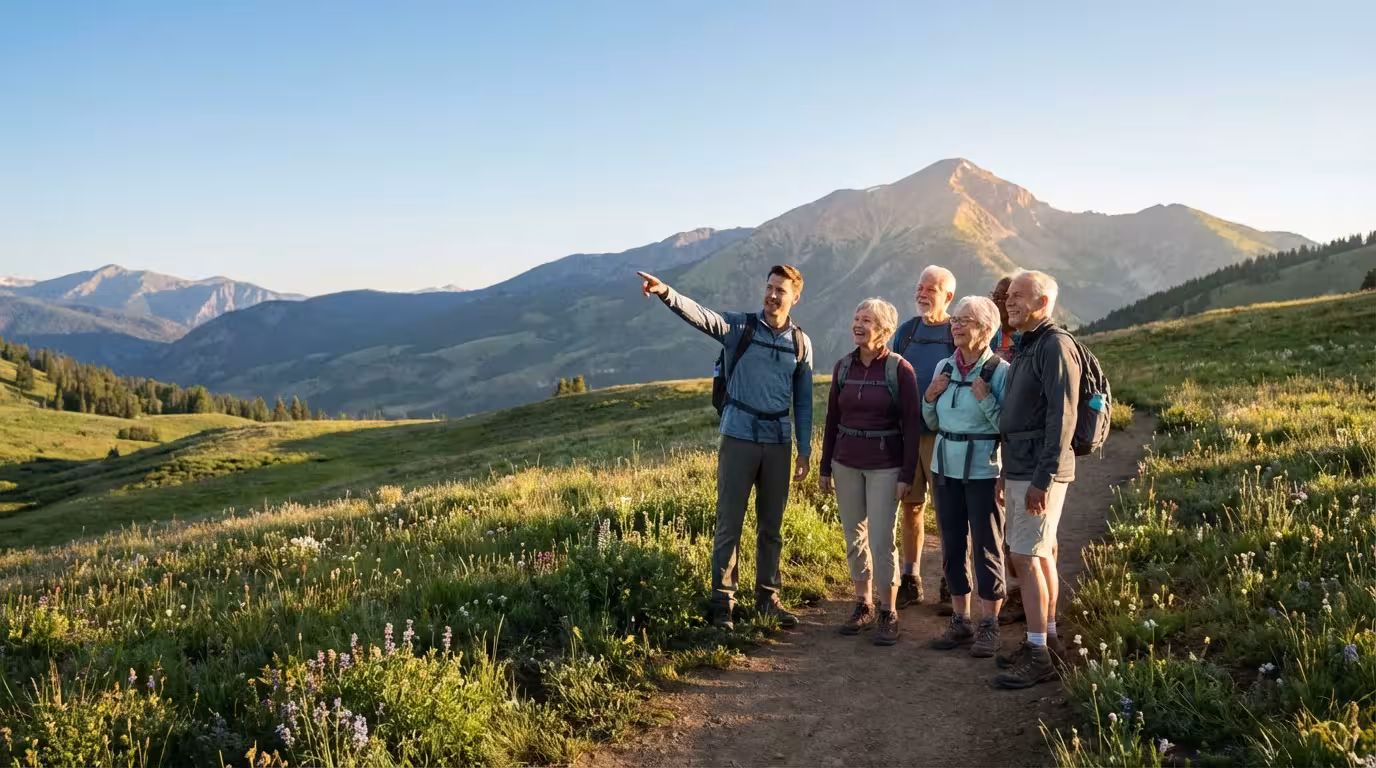 A diverse group of active seniors on a guided scenic mountain hike together.
