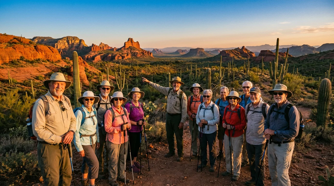 A diverse group of active seniors on a guided hiking tour in Arizona at sunset.