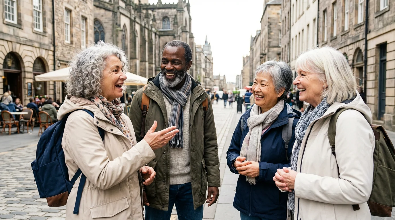 A diverse group of four seniors laughing together on a cobblestone street during a tour.