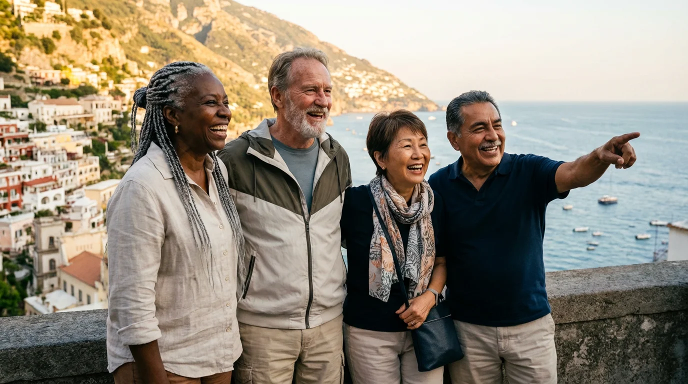 A diverse group of happy seniors enjoying a scenic coastal view during golden hour.