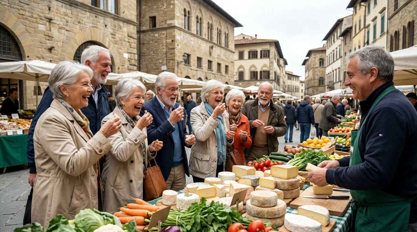 A diverse group of happy seniors on a guided food market tour abroad.