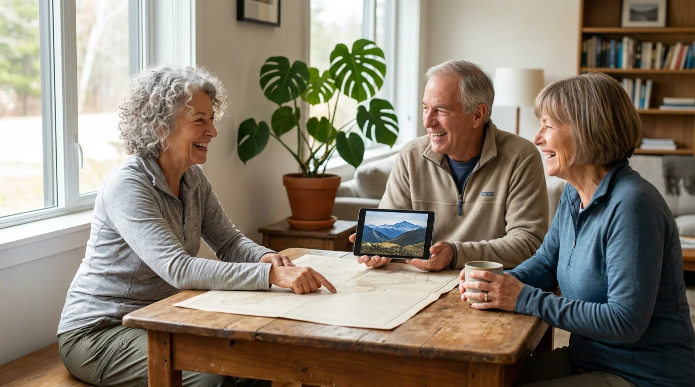 A diverse group of happy seniors planning a trip together with a large map.
