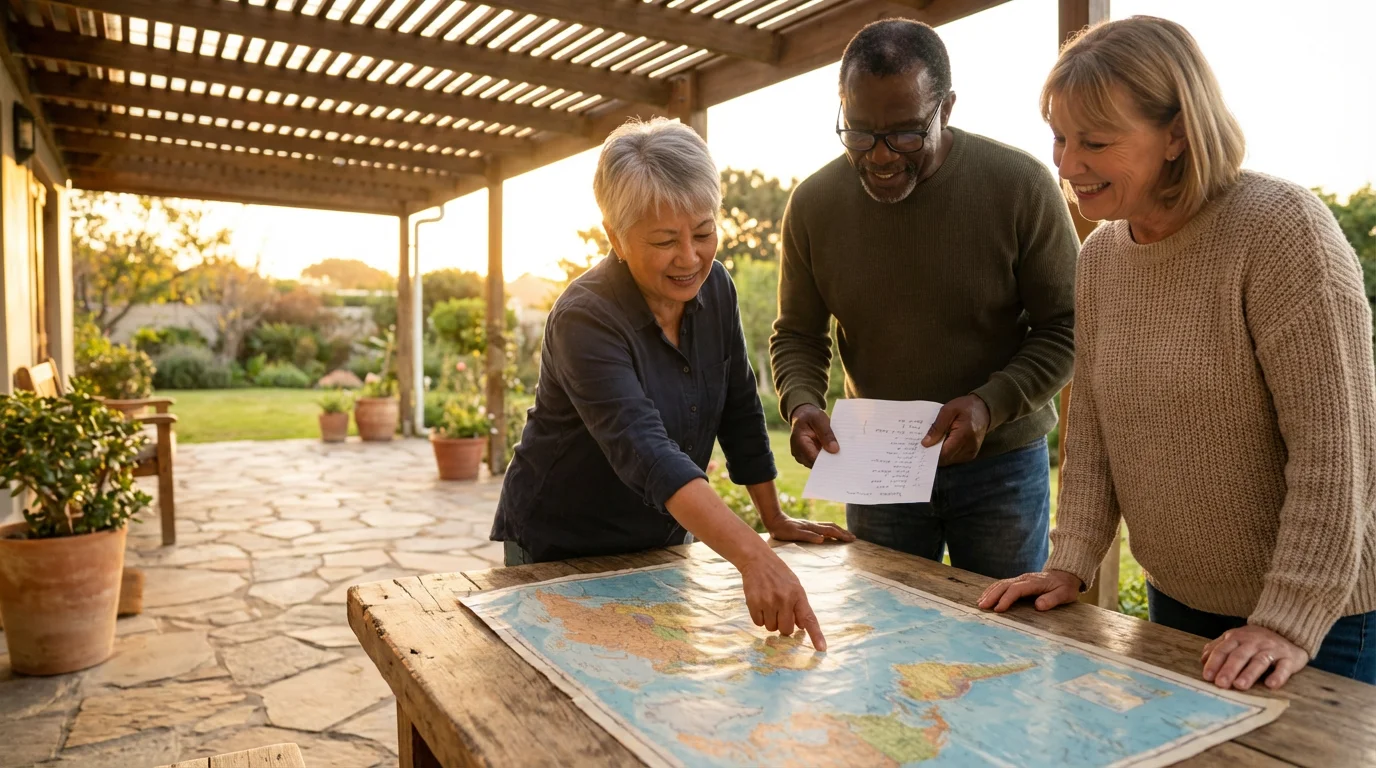 A diverse group of senior friends happily planning a trip with a map.