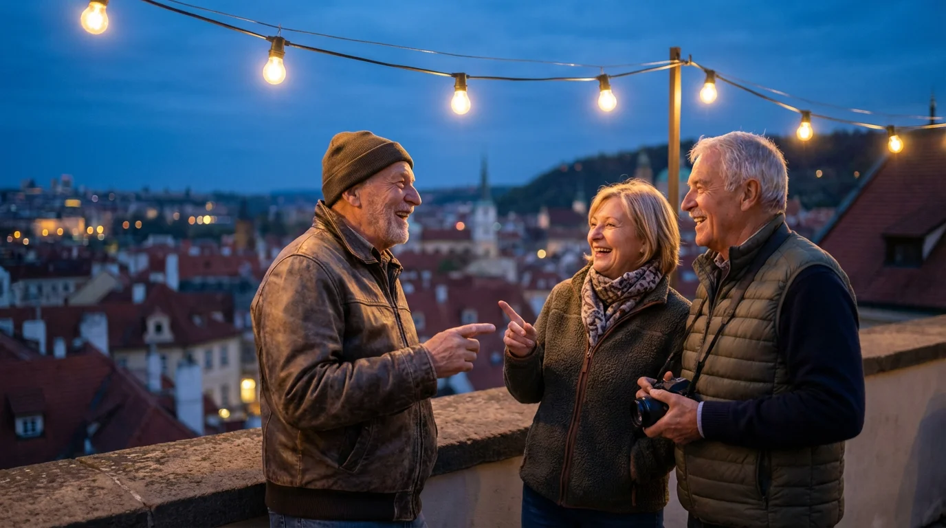 A diverse group of seniors enjoys a beautiful city view from a terrace at dusk.