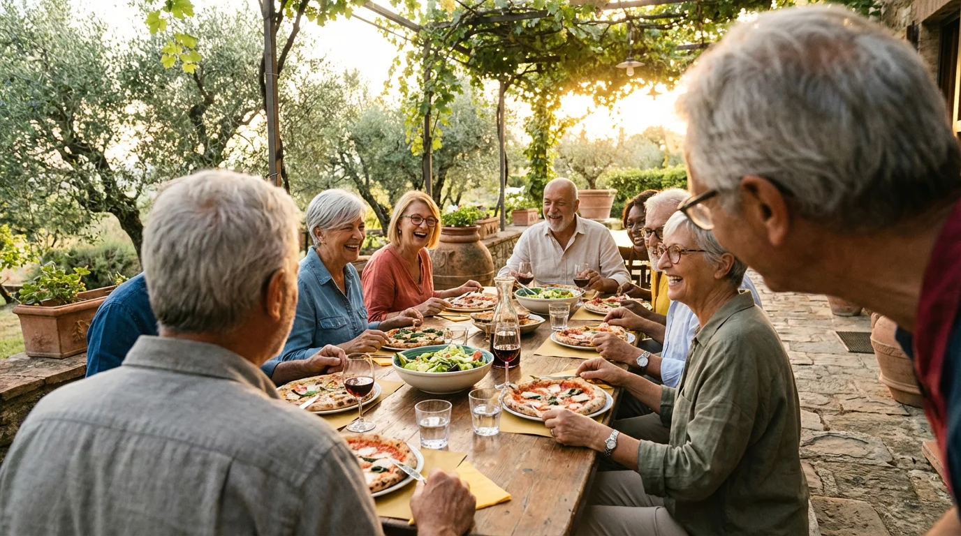 A diverse group of seniors enjoys an affordable, joyful meal together at an outdoor restaurant.