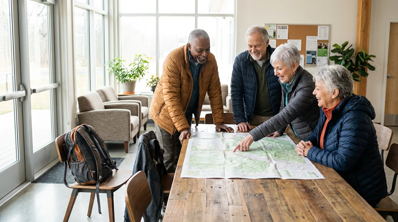 A diverse group of seniors happily plans a hiking route together around a sunlit table.