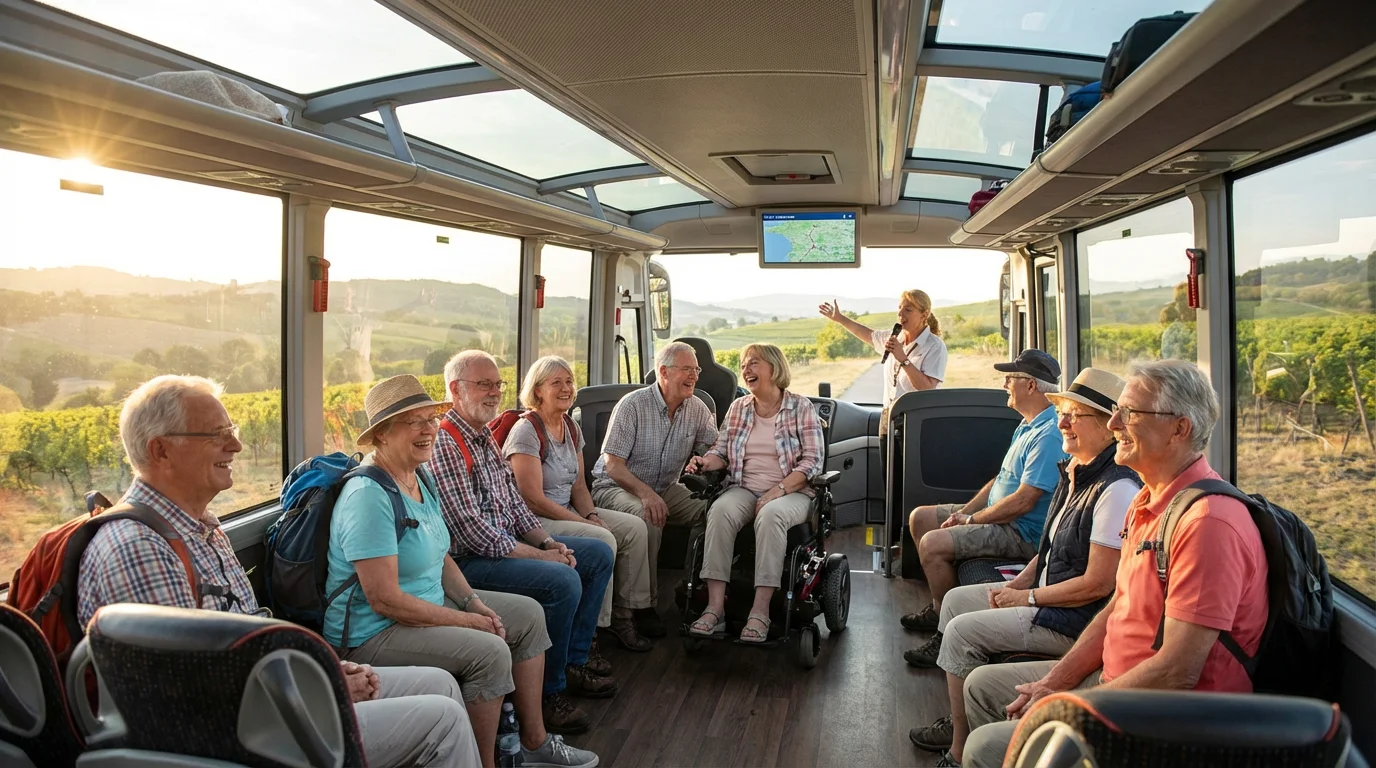 A diverse group of seniors on a modern, accessible tour bus enjoying a scenic view.