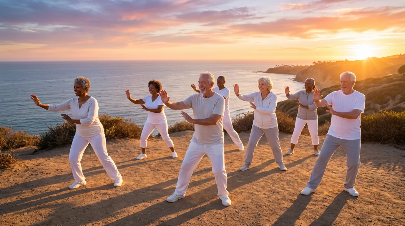 A diverse group of seniors practicing tai chi on a coastal bluff at sunset.