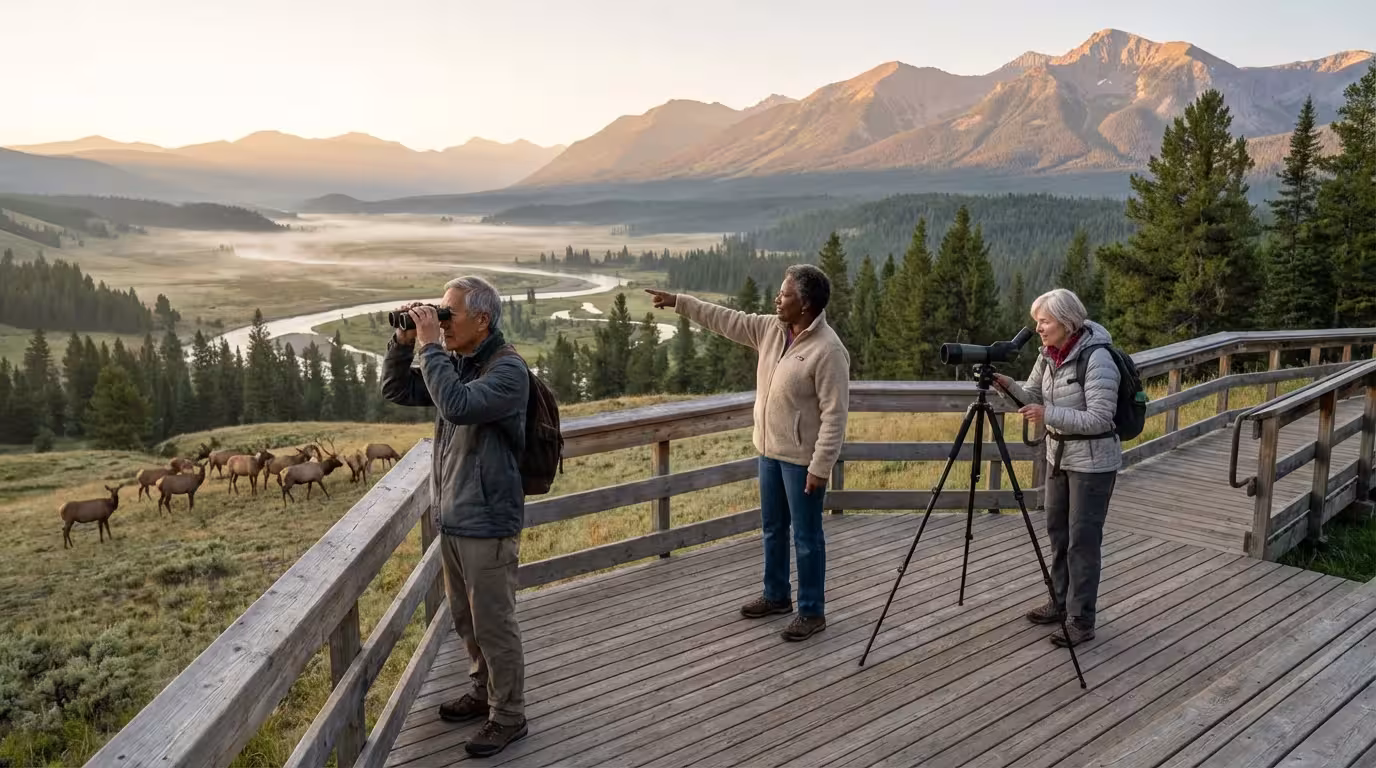 A diverse group of seniors using binoculars on an observation deck in a national park.