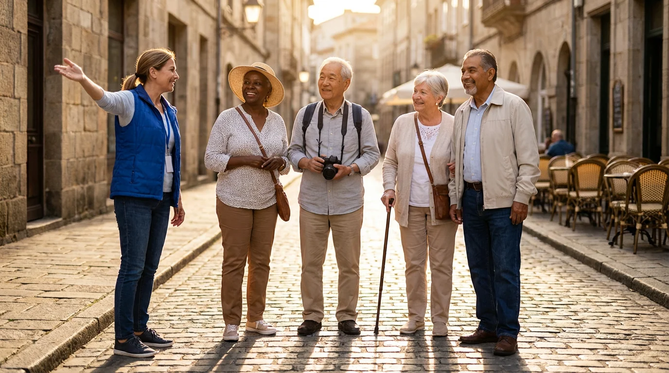 A diverse group of smiling seniors enjoying a guided walking tour at golden hour.