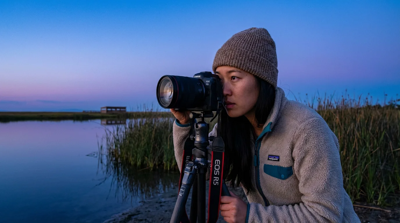 A female volunteer photographer with a tripod captures a coastal wetland scene at dusk.