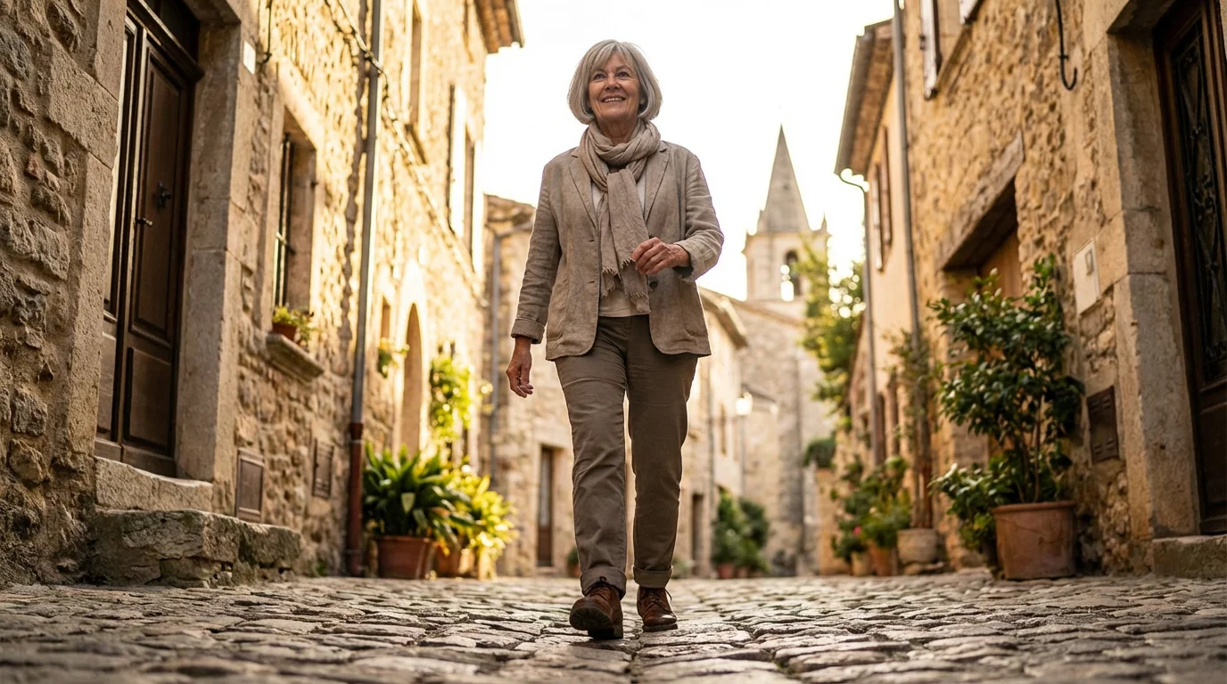 A fit senior woman walks with purpose down a European cobblestone street at sunset.