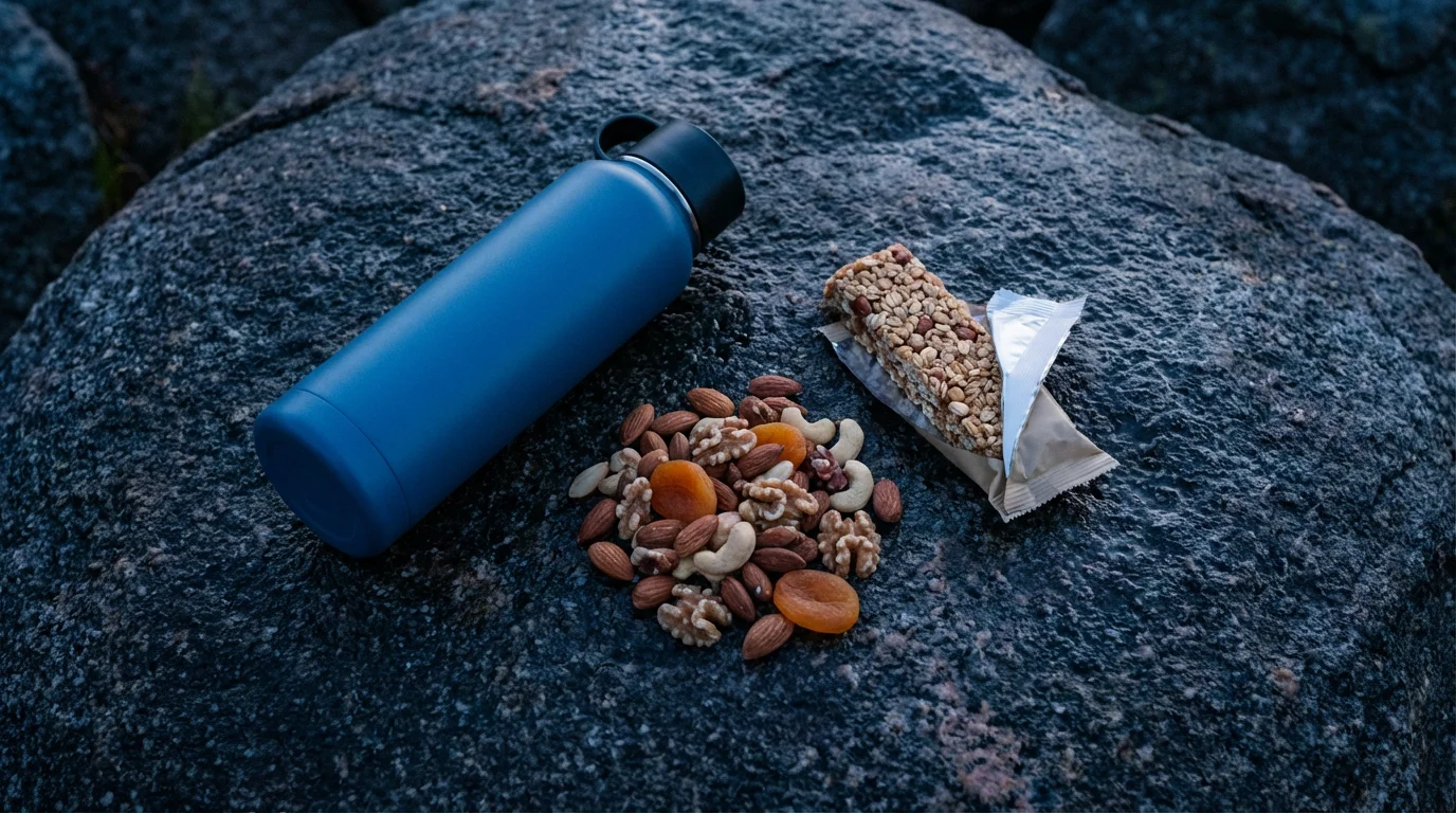 A flat lay of a hiker's water bottle, trail mix, and energy bar.